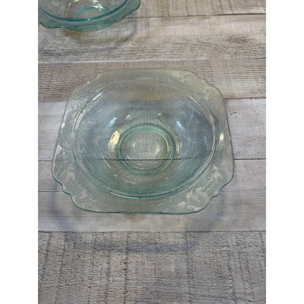 Vintage Aqua Teal Pressed Glass Square Bowl Floral Scroll Pattern Set Of 2 7in